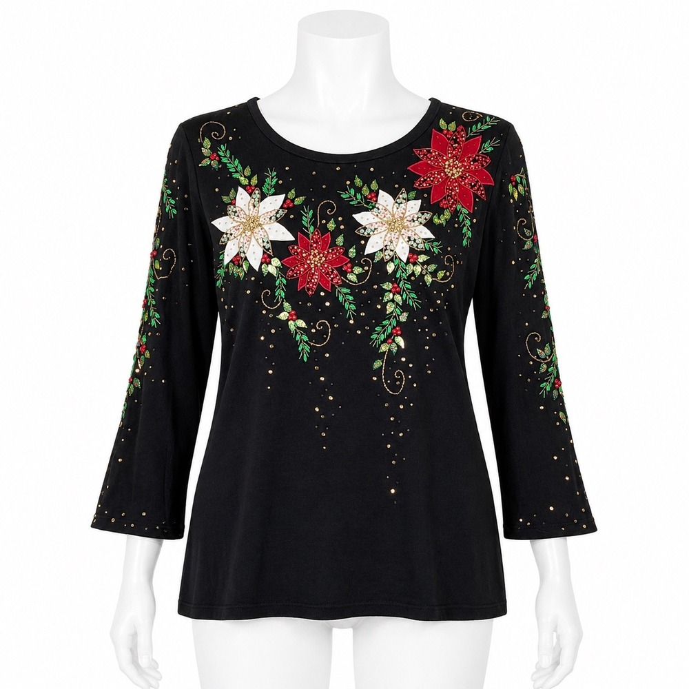 Just B Christmas Sweater Women Large Black Beaded Sequin‎ Poinsettia 3/4 Sleeve